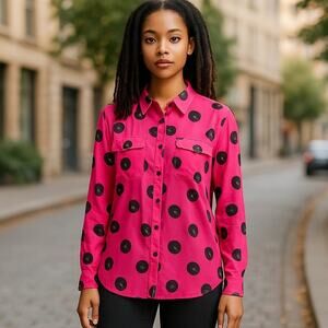 NWOT ~ I Heart RONSON Hot Pink & Black Long Sleeve Blouse ~ Women's Size MEDIUM